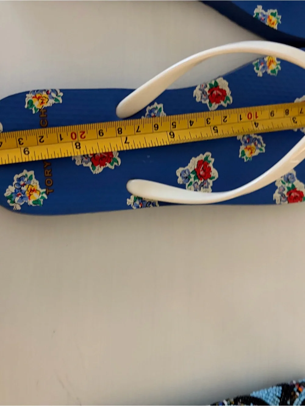 Tory Burch Blue Floral Flip Flops with Cream Straps and Gold Logo